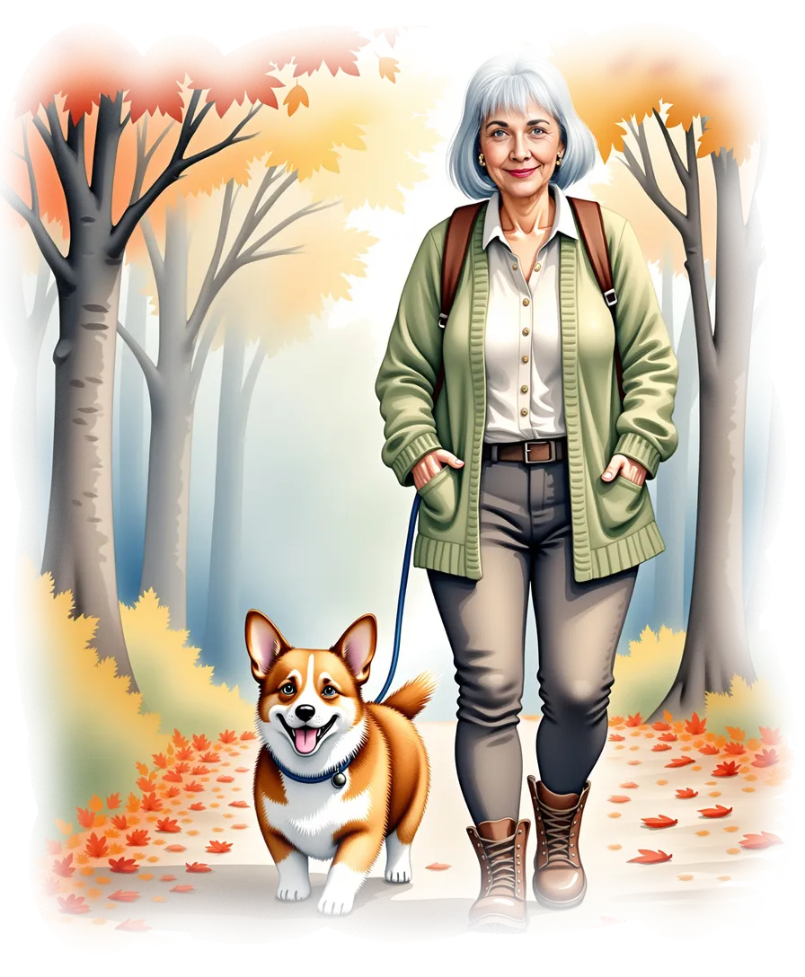 Emma walking Pedro in the autumn forest