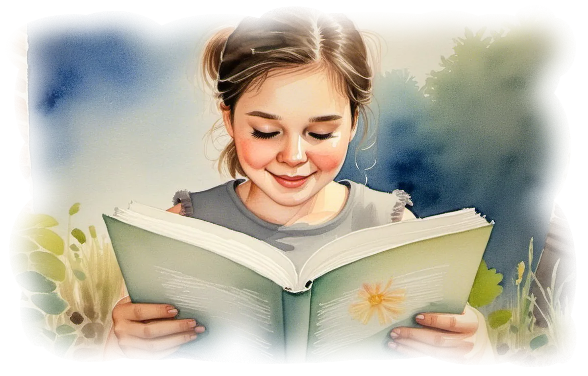 A reader enjoying an illustrated book in a watercolor garden