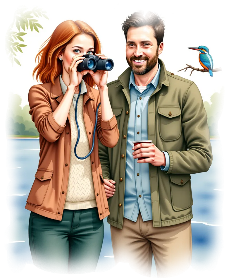 Laura and Alex birdwatching in Central Park — personalized storybook illustration