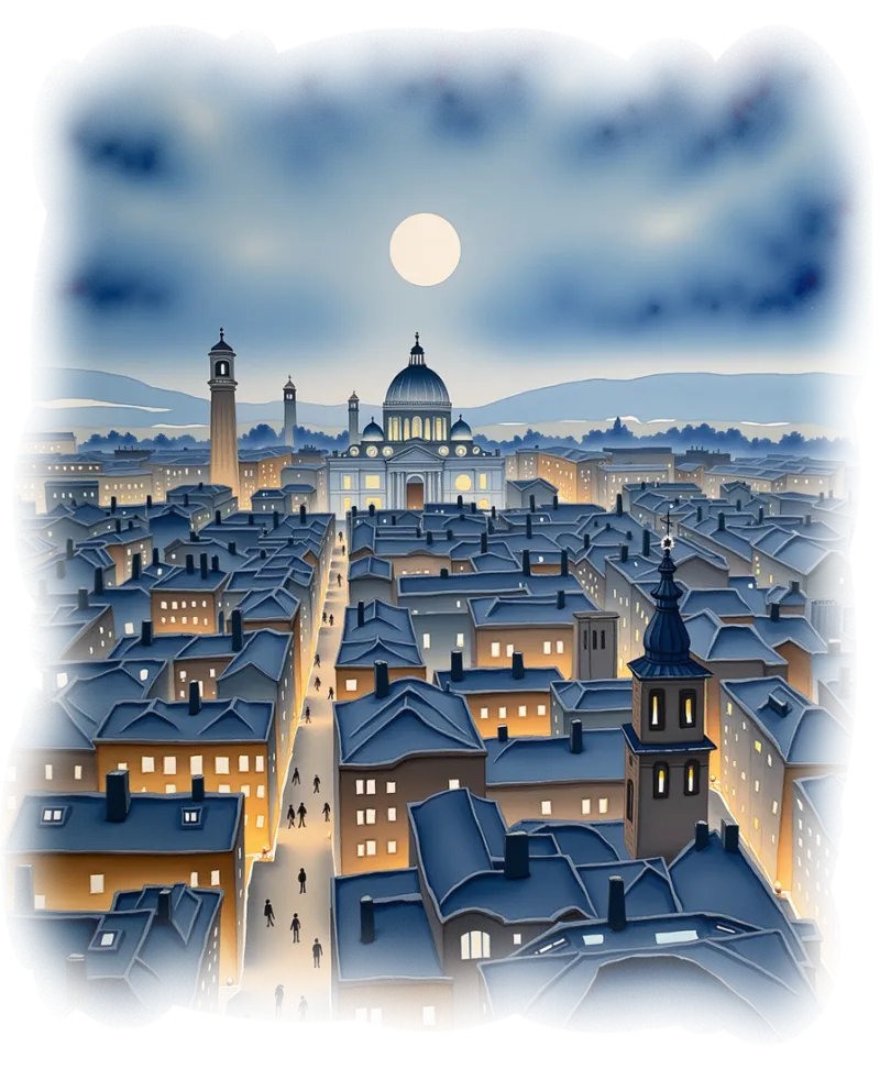 Rome moonlit cityscape illustration from Valentine's Day love story book
